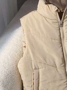 SHEIN Tween Girls Fleece Fall Clothes Khaki Long Sleeve Streetwear Cool Girl Zip Up Quilted Padded Stand Collar Short Vest, Autumn/Winter Fall, Solid - Apricot - View 5