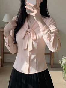 DAZY 女款甜美蝴蝶結綁帶鈕扣襯衫，適合約會秋季穿著 - 杏色 - 查看 8