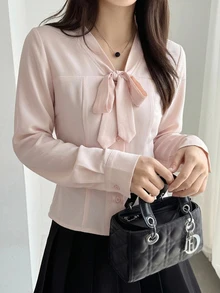 DAZY 女款甜美蝴蝶結綁帶鈕扣襯衫，適合約會秋季穿著 - 杏色 - 查看 7