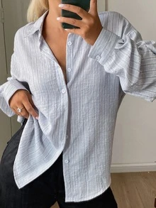DAZY 老錢風條紋寬鬆長袖翻領春夏休閒女版襯衫 - 灰色 - 查看 4