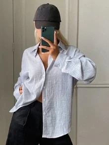DAZY 老錢風條紋寬鬆長袖翻領春夏休閒女版襯衫 - 灰色 - 查看 5