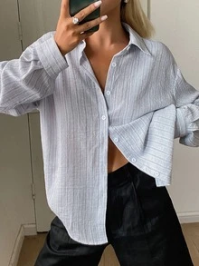 DAZY 老錢風條紋寬鬆長袖翻領春夏休閒女版襯衫 - 灰色 - 查看 8