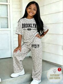 Young Girl Casual Fashion Fresh Grey & White Leopard Print Fun Letter Graphic T-Shirt & Wide Leg Pants Set - Multicolor - View 1