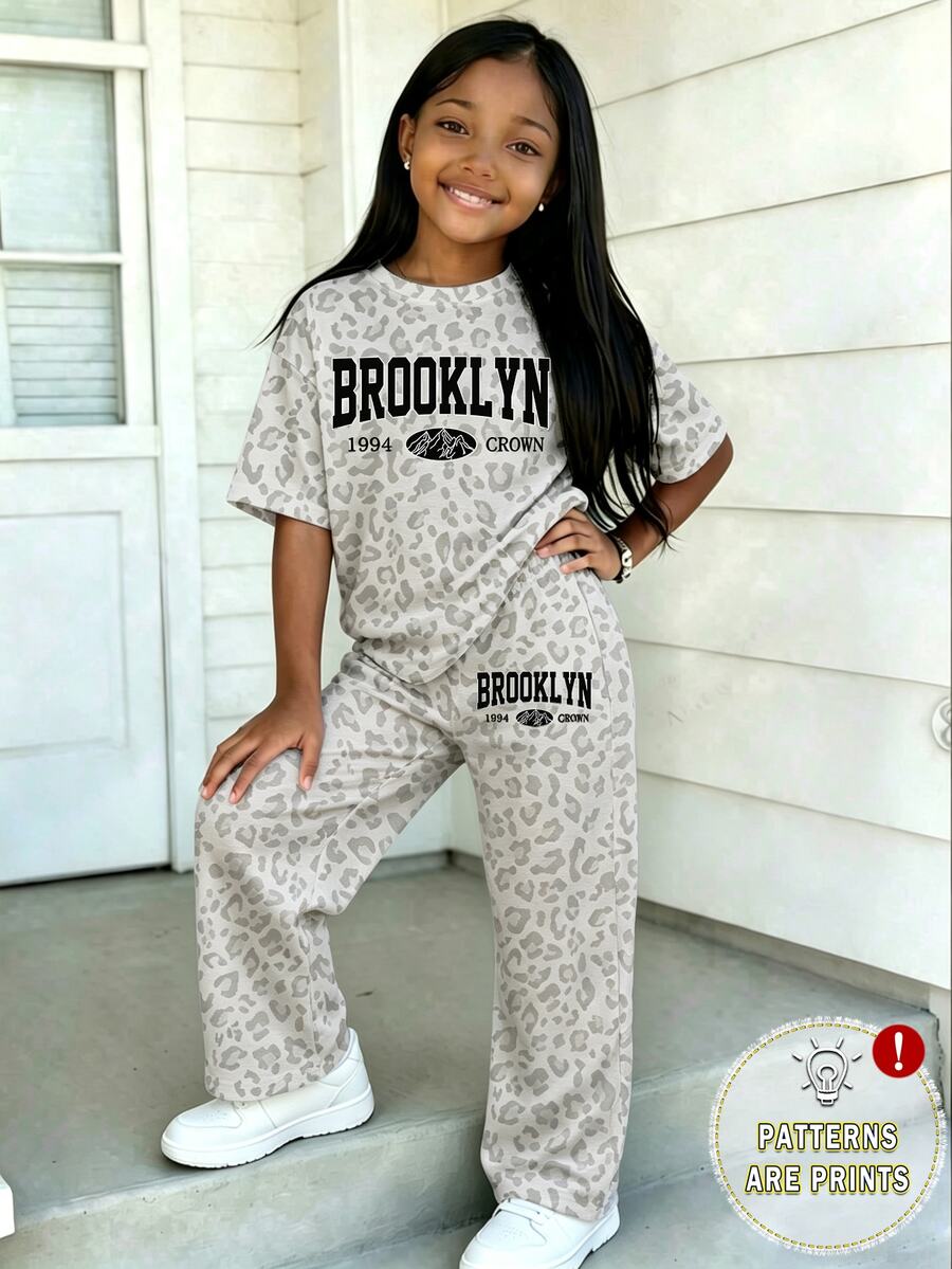 Young Girl Casual Fashion Fresh Grey & White Leopard Print Fun Letter Graphic T-Shirt & Wide Leg Pants Set - Multicolor - View 1
