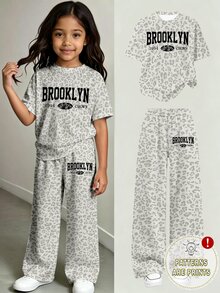 Young Girl Casual Fashion Fresh Grey & White Leopard Print Fun Letter Graphic T-Shirt & Wide Leg Pants Set - Multicolor - View 3