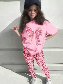 Girls' Fashion And High-End Sense, Bright Pink Leopard Print Bow Decoration Pattern T-Shirt With Leggings Set, Casual Y2K Cute Campus Outfit - Multicolor - View 4