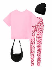 Girls' Fashion And High-End Sense, Bright Pink Leopard Print Bow Decoration Pattern T-Shirt With Leggings Set, Casual Y2K Cute Campus Outfit - Multicolor - View 2