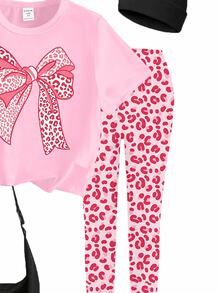 Girls' Fashion And High-End Sense, Bright Pink Leopard Print Bow Decoration Pattern T-Shirt With Leggings Set, Casual Y2K Cute Campus Outfit - Multicolor - View 6