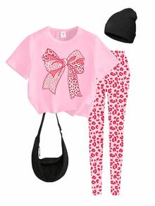 Girls' Fashion And High-End Sense, Bright Pink Leopard Print Bow Decoration Pattern T-Shirt With Leggings Set, Casual Y2K Cute Campus Outfit - Multicolor - View 5