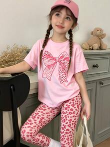Girls' Fashion And High-End Sense, Bright Pink Leopard Print Bow Decoration Pattern T-Shirt With Leggings Set, Casual Y2K Cute Campus Outfit - Multicolor - View 1