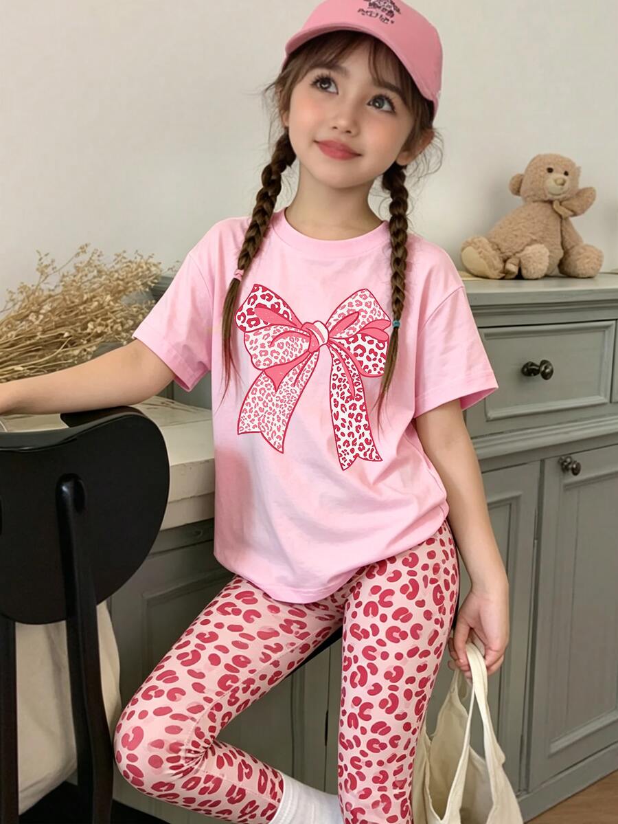 Girls' Fashion And High-End Sense, Bright Pink Leopard Print Bow Decoration Pattern T-Shirt With Leggings Set, Casual Y2K Cute Campus Outfit - Multicolor - View 1