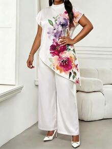 SHEIN Lady Atasan Wanita Ukuran Besar Elegan dengan Motif Bunga dan Hem Asimetris - MultiWarna - View 4