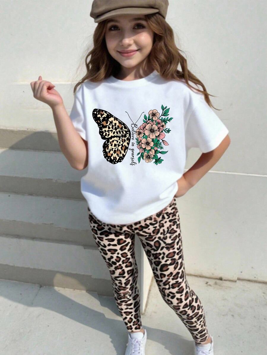 SHEIN Setelan Kasual Fashion Anak Perempuan: Kaos Lengan Pendek Leher Bulat Motif Leopard Kreatif dengan Celana Panjang Motif Leopard. - MultiWarna - View 1