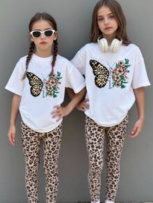 SHEIN Setelan Kasual Fashion Anak Perempuan: Kaos Lengan Pendek Leher Bulat Motif Leopard Kreatif dengan Celana Panjang Motif Leopard. - MultiWarna - View 4