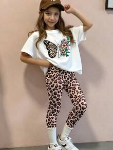 SHEIN Setelan Kasual Fashion Anak Perempuan: Kaos Lengan Pendek Leher Bulat Motif Leopard Kreatif dengan Celana Panjang Motif Leopard. - MultiWarna - View 3