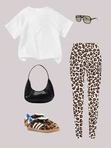 SHEIN Setelan Kasual Fashion Anak Perempuan: Kaos Lengan Pendek Leher Bulat Motif Leopard Kreatif dengan Celana Panjang Motif Leopard. - MultiWarna - View 2