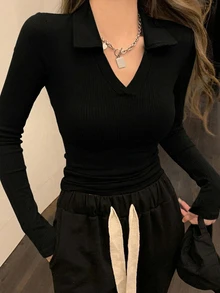 DAZY 女款純色修身 Polo 領短袖 T 恤 - 黑色 - 查看 3