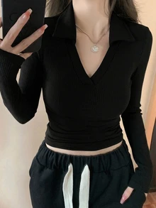 DAZY 女款純色修身 Polo 領短袖 T 恤 - 黑色 - 查看 7