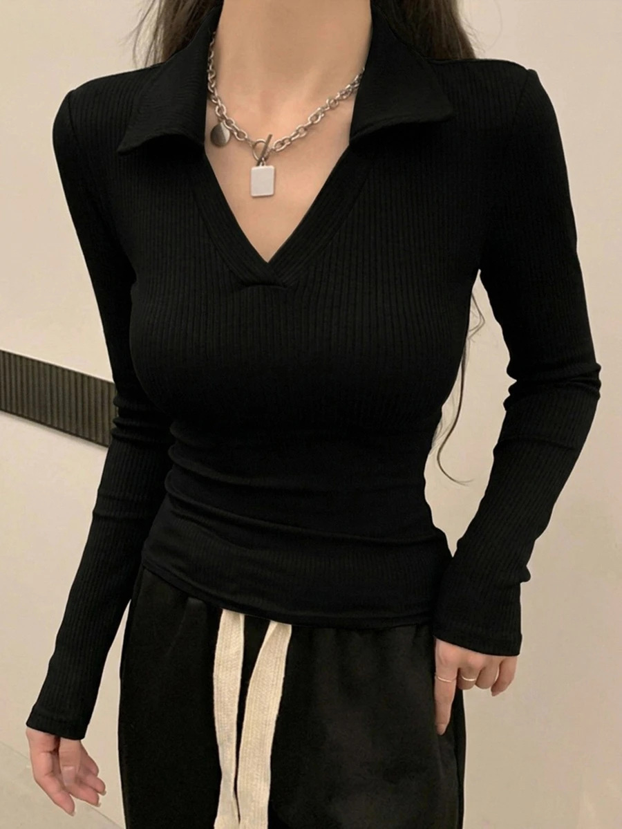 DAZY 女款純色修身 Polo 領短袖 T 恤 - 黑色 - 查看 1