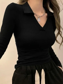 DAZY 女款純色修身 Polo 領短袖 T 恤 - 黑色 - 查看 6