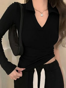 DAZY 女款純色修身 Polo 領短袖 T 恤 - 黑色 - 查看 5