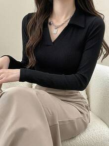 DAZY 女款純色修身 Polo 領短袖 T 恤 - 黑色 - 查看 4