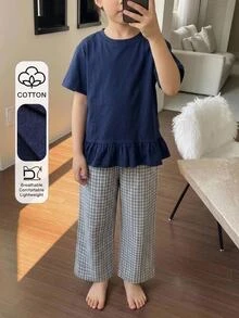 DAZY Young Girl Solid Color Ruffle Hem Round Neck Tie Front Top And Plaid Print Pants Pajama Set Summer - Blue - View 5