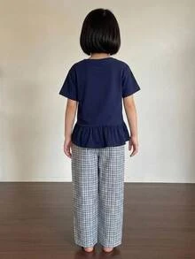 DAZY Young Girl Solid Color Ruffle Hem Round Neck Tie Front Top And Plaid Print Pants Pajama Set Summer - Blue - View 2