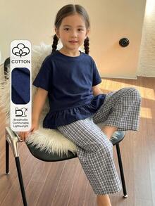 DAZY Young Girl Solid Color Ruffle Hem Round Neck Tie Front Top And Plaid Print Pants Pajama Set Summer - Blue - View 4