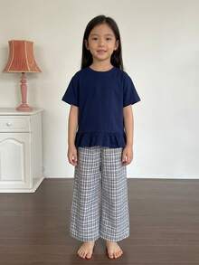 DAZY Young Girl Solid Color Ruffle Hem Round Neck Tie Front Top And Plaid Print Pants Pajama Set Summer - Blue - View 3