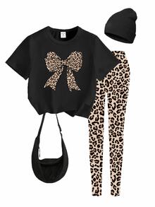 SHEIN Sparklyn Girls' Fashionable And High-End Leopard Print Bow Pattern Print Basic Short T With Leopard Print Leggings Set For Daily Comfortable Wearing - Multicolor - View 5