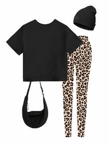 SHEIN Sparklyn Girls' Fashionable And High-End Leopard Print Bow Pattern Print Basic Short T With Leopard Print Leggings Set For Daily Comfortable Wearing - Multicolor - View 2