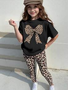SHEIN Sparklyn Girls' Fashionable And High-End Leopard Print Bow Pattern Print Basic Short T With Leopard Print Leggings Set For Daily Comfortable Wearing - Multicolor - View 3