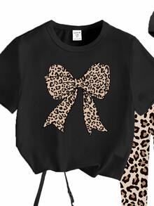SHEIN Sparklyn Girls' Fashionable And High-End Leopard Print Bow Pattern Print Basic Short T With Leopard Print Leggings Set For Daily Comfortable Wearing - Multicolor - View 6