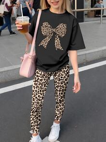SHEIN Sparklyn Girls' Fashionable And High-End Leopard Print Bow Pattern Print Basic Short T With Leopard Print Leggings Set For Daily Comfortable Wearing - Multicolor - View 4