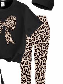 SHEIN Sparklyn Girls' Fashionable And High-End Leopard Print Bow Pattern Print Basic Short T With Leopard Print Leggings Set For Daily Comfortable Wearing - Multicolor - View 7
