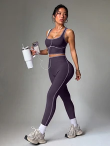 SHEIN Dewbera Women's Trim Tank Top And Leggings Sports Set - Purple - View 6