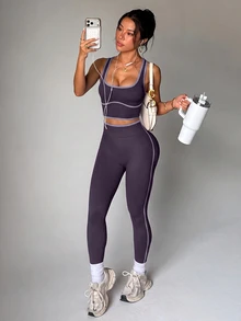 SHEIN Dewbera Women's Trim Tank Top And Leggings Sports Set - Purple - View 1