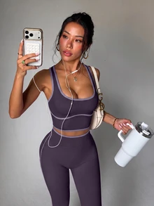 SHEIN Dewbera Women's Trim Tank Top And Leggings Sports Set - Purple - View 4