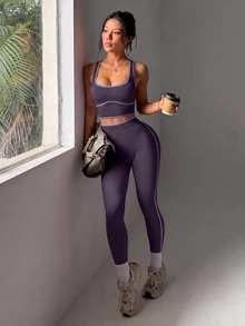 SHEIN Dewbera Women's Trim Tank Top And Leggings Sports Set - Purple - View 5