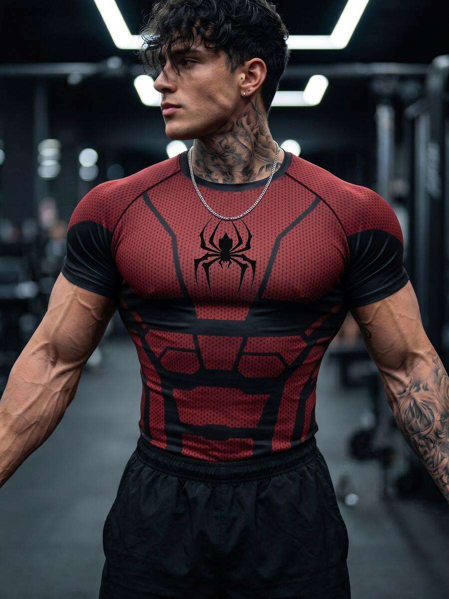 GymBeat Men's Spider Print Colorblock Casual Versatile Sports T-Shirt - Multicolor - View 1