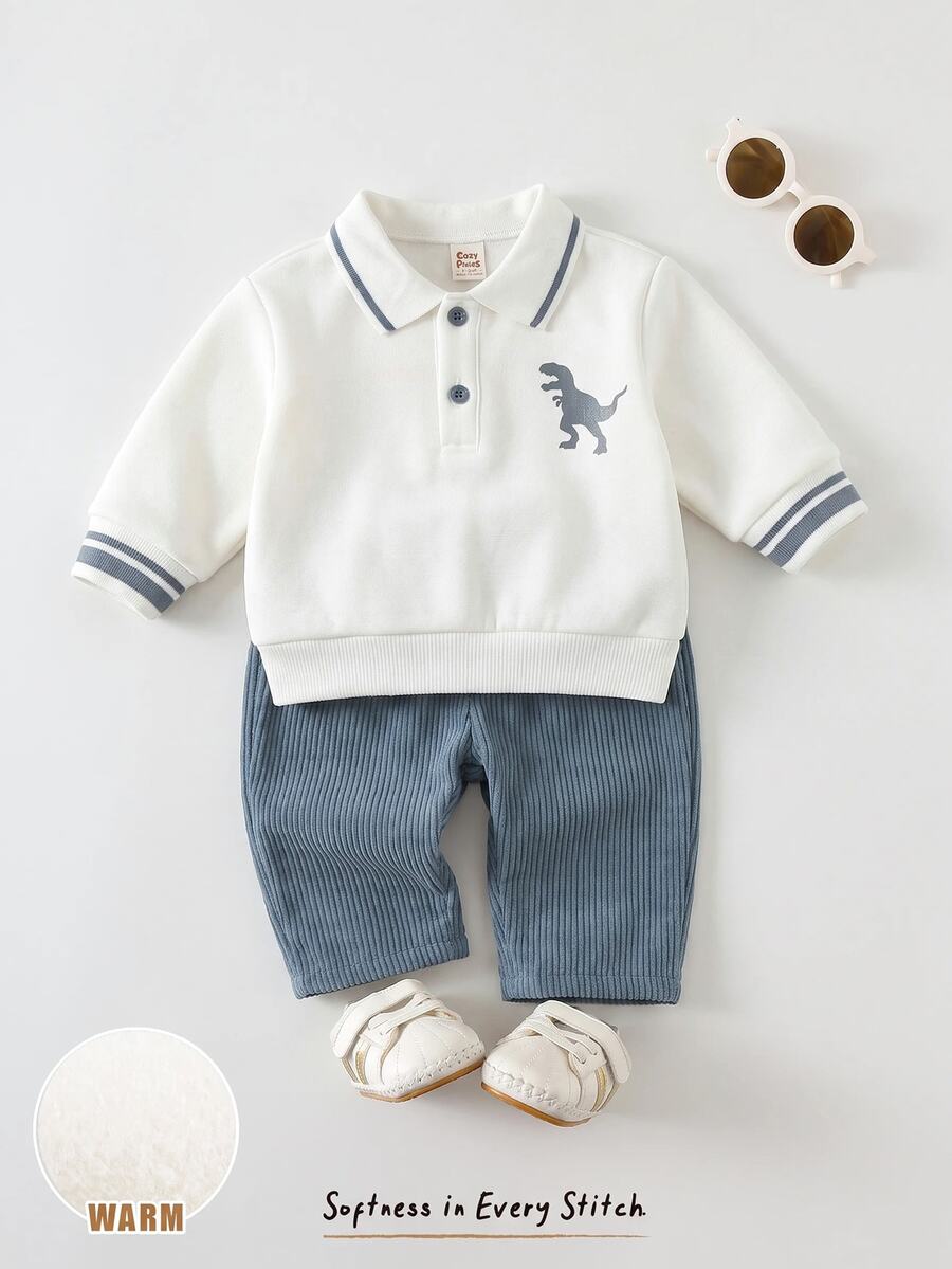 Cozy Pixies 新生兒熊圖案拼色 Polo 領長袖衛衣與長褲套裝 - 彩色 - 查看 1