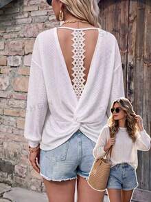 EMERY ROSE Women's Solid Color Back Hollow-Out Drop Shoulder Long Sleeve Sweatshirt Brunch Everyday White Autumn Elegant Casual Vacation - White - View 2