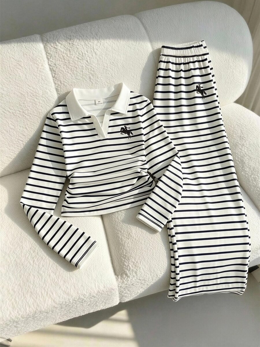 Genkimix Kids 2件組 大女孩學院風美學校園日常春季條紋刺繡 Polo 領長袖 T-shirt 寬腿褲套裝