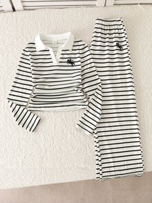 Genkimix Kids 2件組 大女孩學院風美學校園日常春季條紋刺繡 Polo 領長袖 T-shirt 寬腿褲套裝 - 彩色 - 查看 6