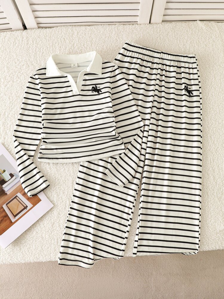 Genkimix Kids 2pcs Big Girl Preppy Aesthetic Campus Daily Spring Striped Embroidery Polo Collar Long Sleeve Tee Wide Leg Pants Outfit Set - Multicolor - View 4