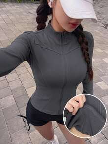 DAZY 女款純色彈性小立領修身長袖夾克，運動休閒風，春秋款 - 灰色 - 查看 8