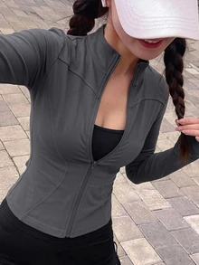 DAZY 女款純色彈性小立領修身長袖夾克，運動休閒風，春秋款 - 灰色 - 查看 6