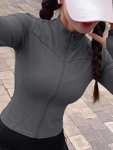 DAZY 女款純色彈性小立領修身長袖夾克，運動休閒風，春秋款 - 灰色 - 查看 7