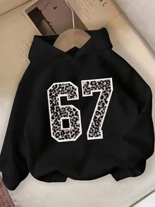 SHEIN Tween女孩秋季時尚豹紋印花Digital 67風格街頭酷風連帽衛衣套裝 - 黑色 - 查看 4